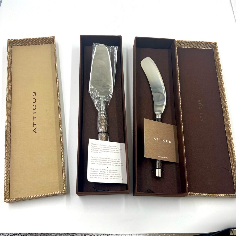 Set Of 2 NIB Atticus Morgan Stainless w Leopard Wood Handle knife Cake Server